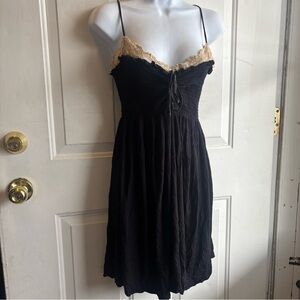 Vintage Betsey Johnson Black Cotton Smocked Dress with Lace Underlay